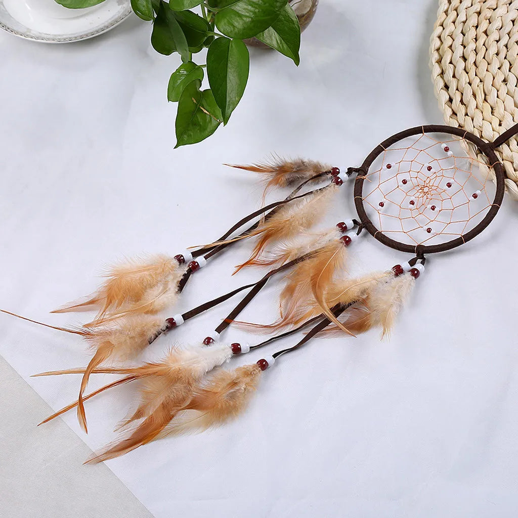 Circular Dream Catcher: Feather Pendant Ornament for Room Decoration