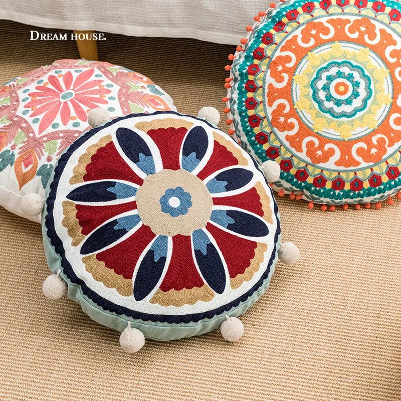 45cm Moroccan Mandala Embroidered Cushion Cover: Ethnic Floral Throw Pillow