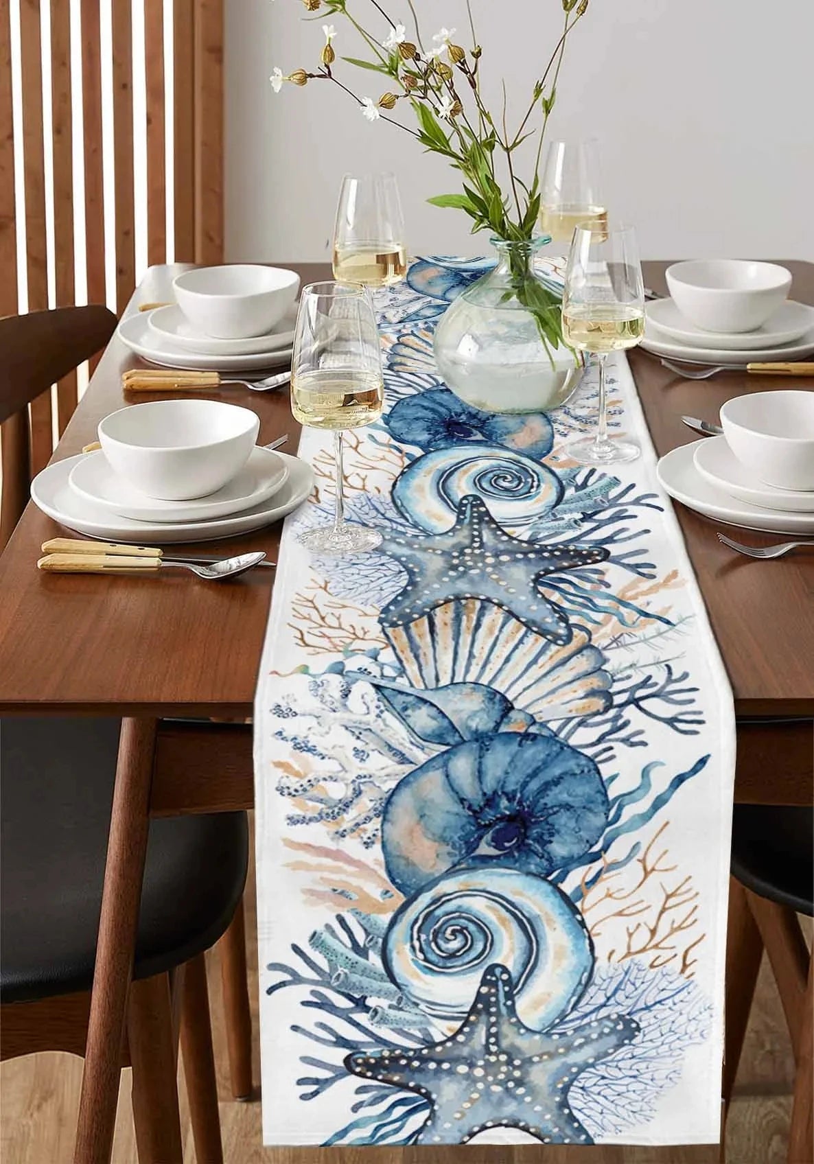 Summer Ocean Linen Table Runner: Conch, Coral for Dining and Holiday Decor