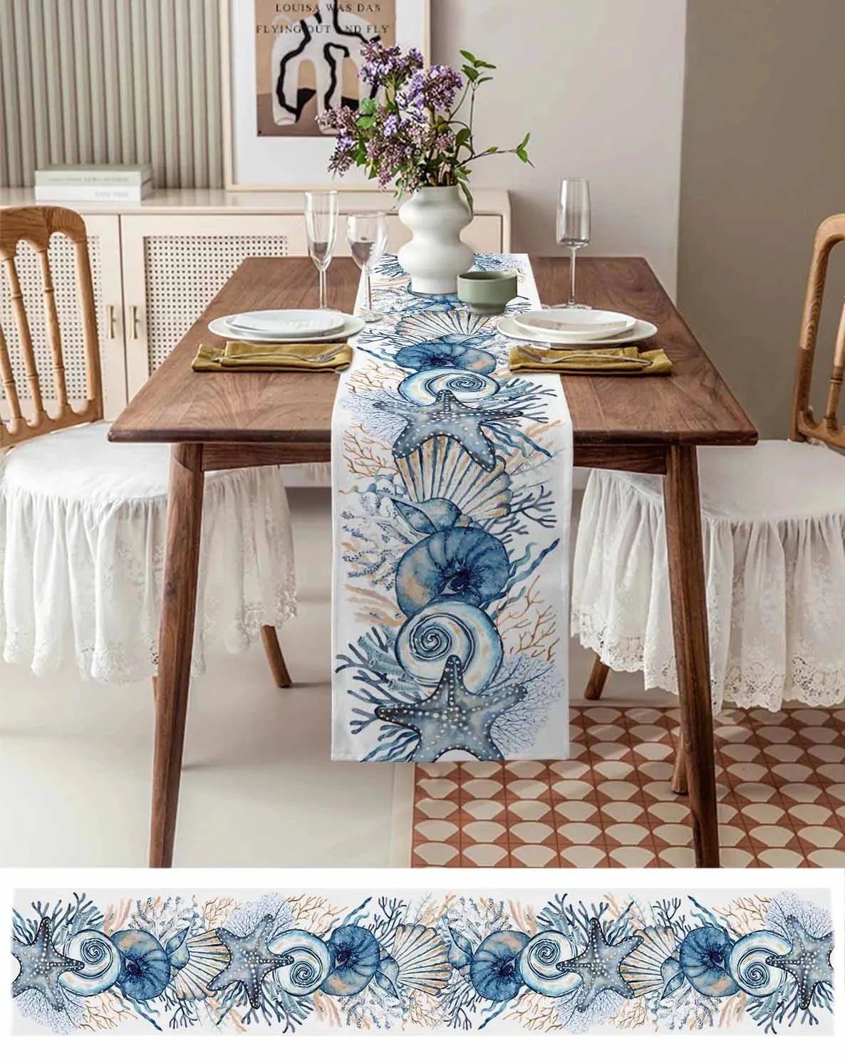 Summer Ocean Linen Table Runner: Conch, Coral for Dining and Holiday Decor