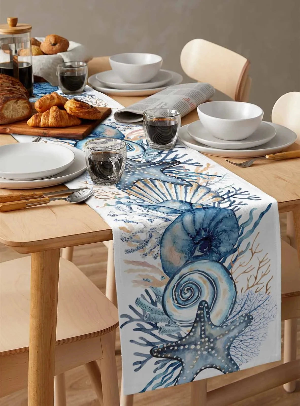 Summer Ocean Linen Table Runner: Conch, Coral for Dining and Holiday Decor