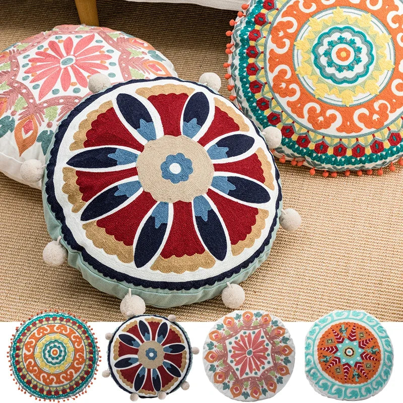 45cm Moroccan Mandala Embroidered Cushion Cover: Ethnic Floral Throw Pillow