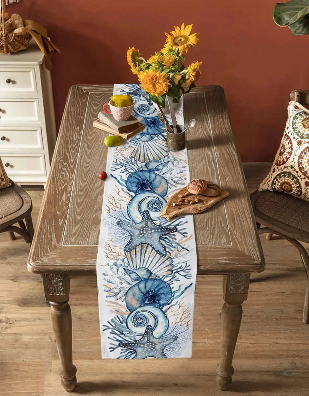 Summer Ocean Linen Table Runner: Conch, Coral for Dining and Holiday Decor