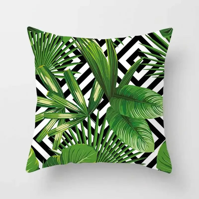 Tropical Plants Cushion Cover: Cactus, Monstera, Palm Leaf Green Decorative Pillowcase