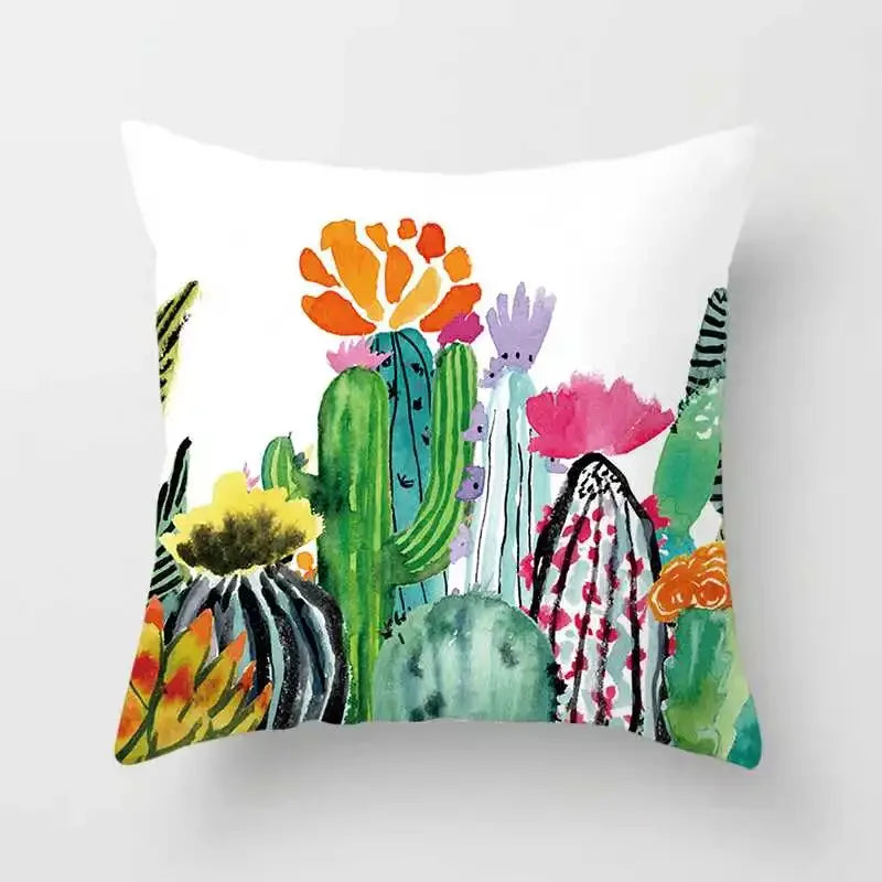 Tropical Plants Cushion Cover: Cactus, Monstera, Palm Leaf Green Decorative Pillowcase