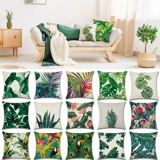 Tropical Plants Cushion Cover: Cactus, Monstera, Palm Leaf Green Decorative Pillowcase