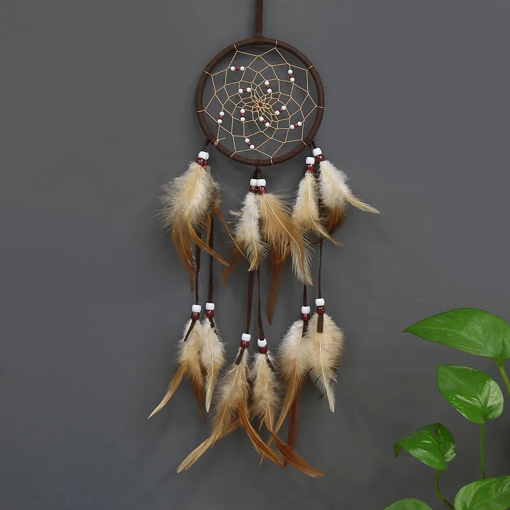 Circular Dream Catcher: Feather Pendant Ornament for Room Decoration