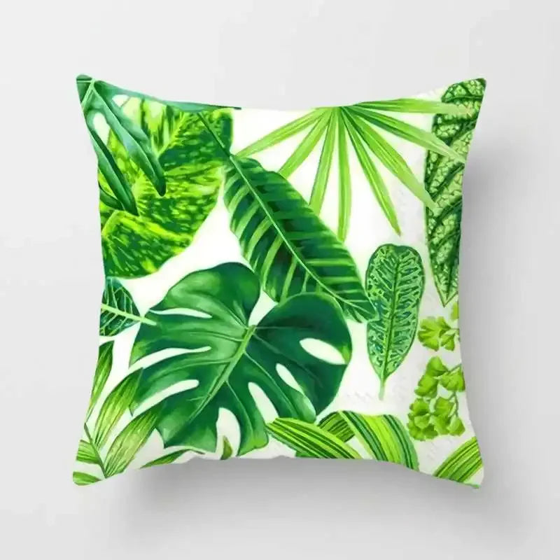 Tropical Plants Cushion Cover: Cactus, Monstera, Palm Leaf Green Decorative Pillowcase