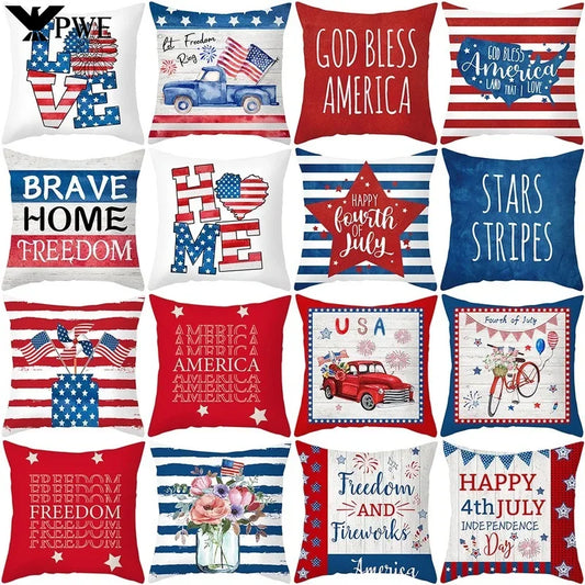 July 4th Independence Day Decorative Cushion Cover LOVE USA Patriotic Letters Pillow Cover Cartoon Style Home Decor Pillowcase