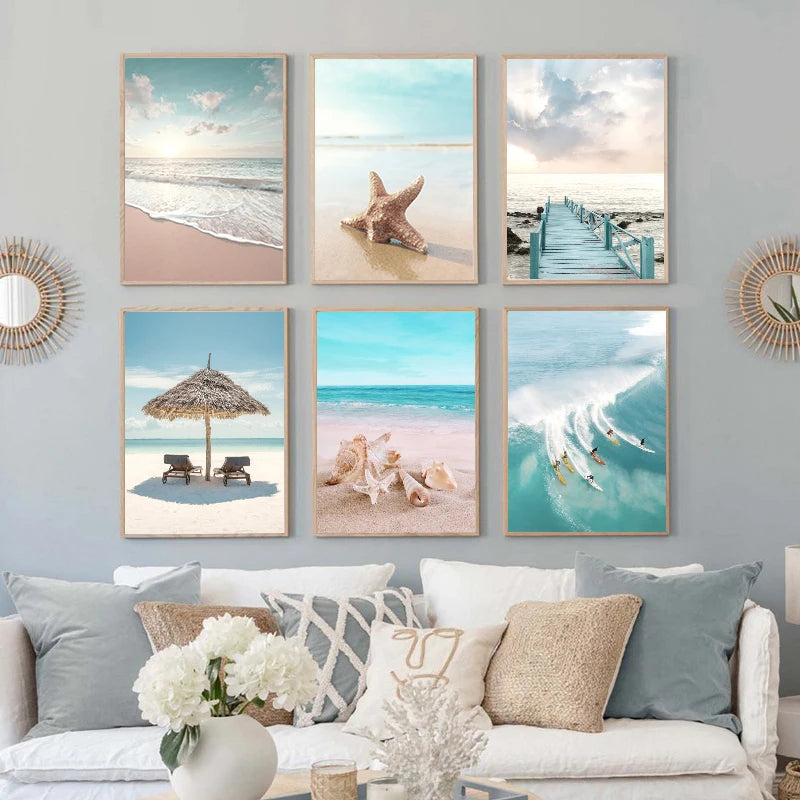 Nordic Beach Sea Ocean Wall Art: Turtle, Starfish Canvas Print for Summer Home Decor